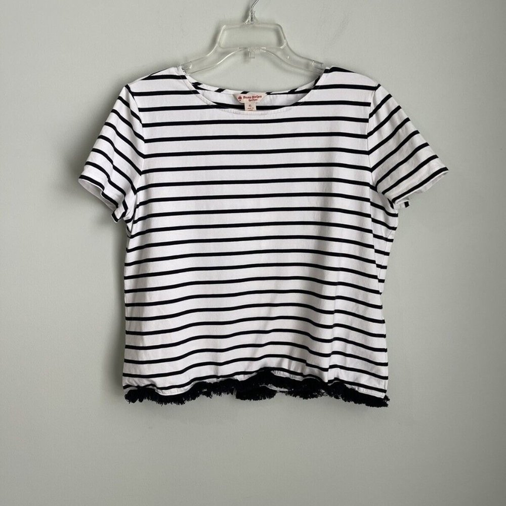 Brooks Brothers Red Fleece White Navy Striped Fringe Short Sleeve Top